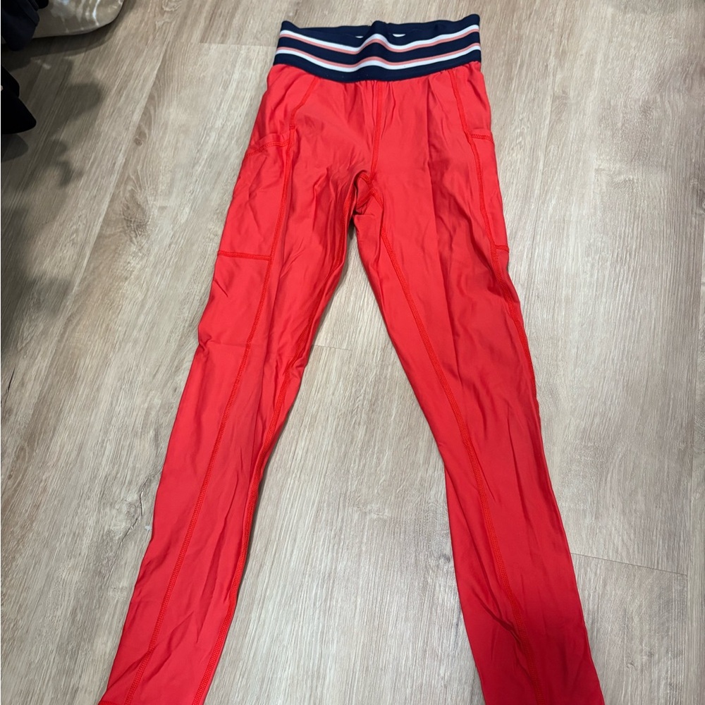 Red Leggings with Striped Waistband